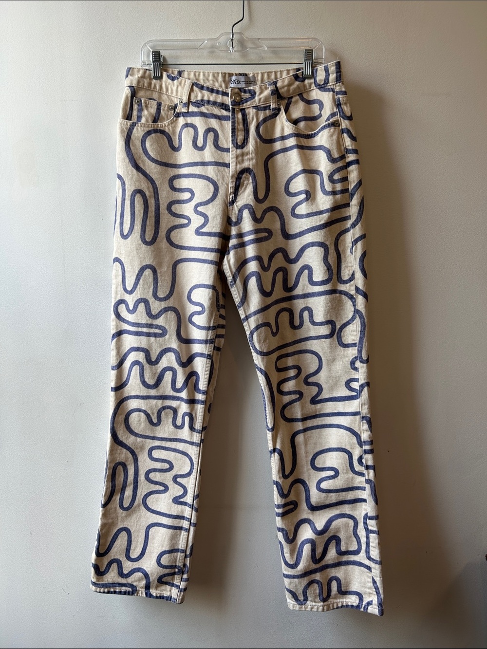 RARE Zara Cream Pants with Navy Abstract Line Print
